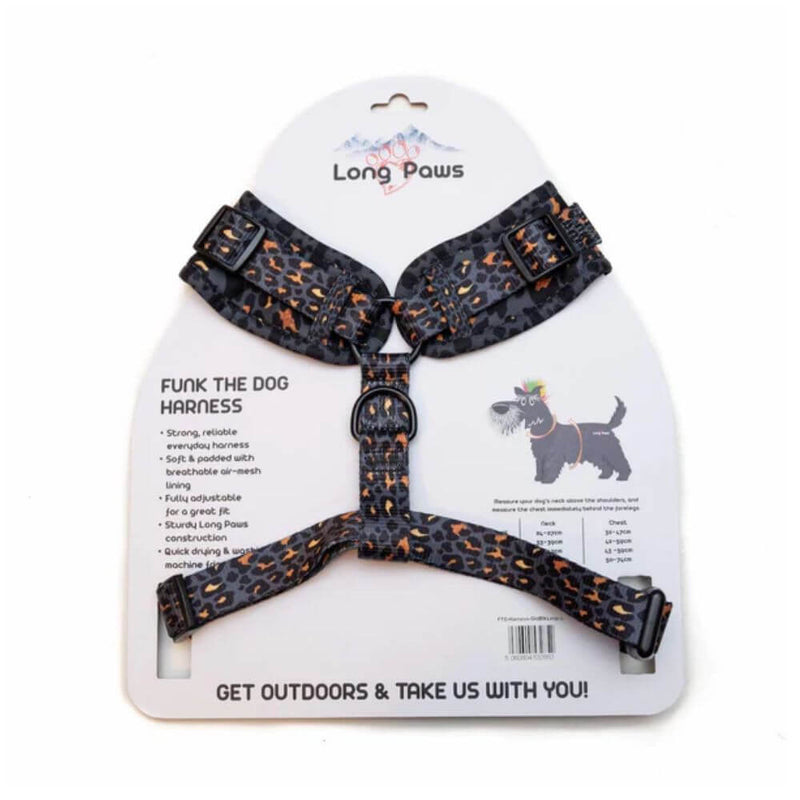 long paws funk the dog harness in gold black leopard